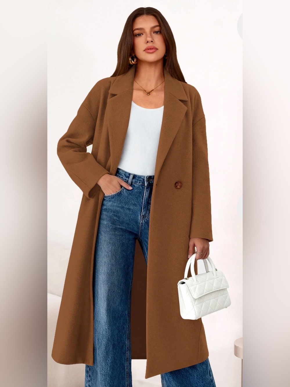 Classic Single-Button Long Trench Coat in Brown